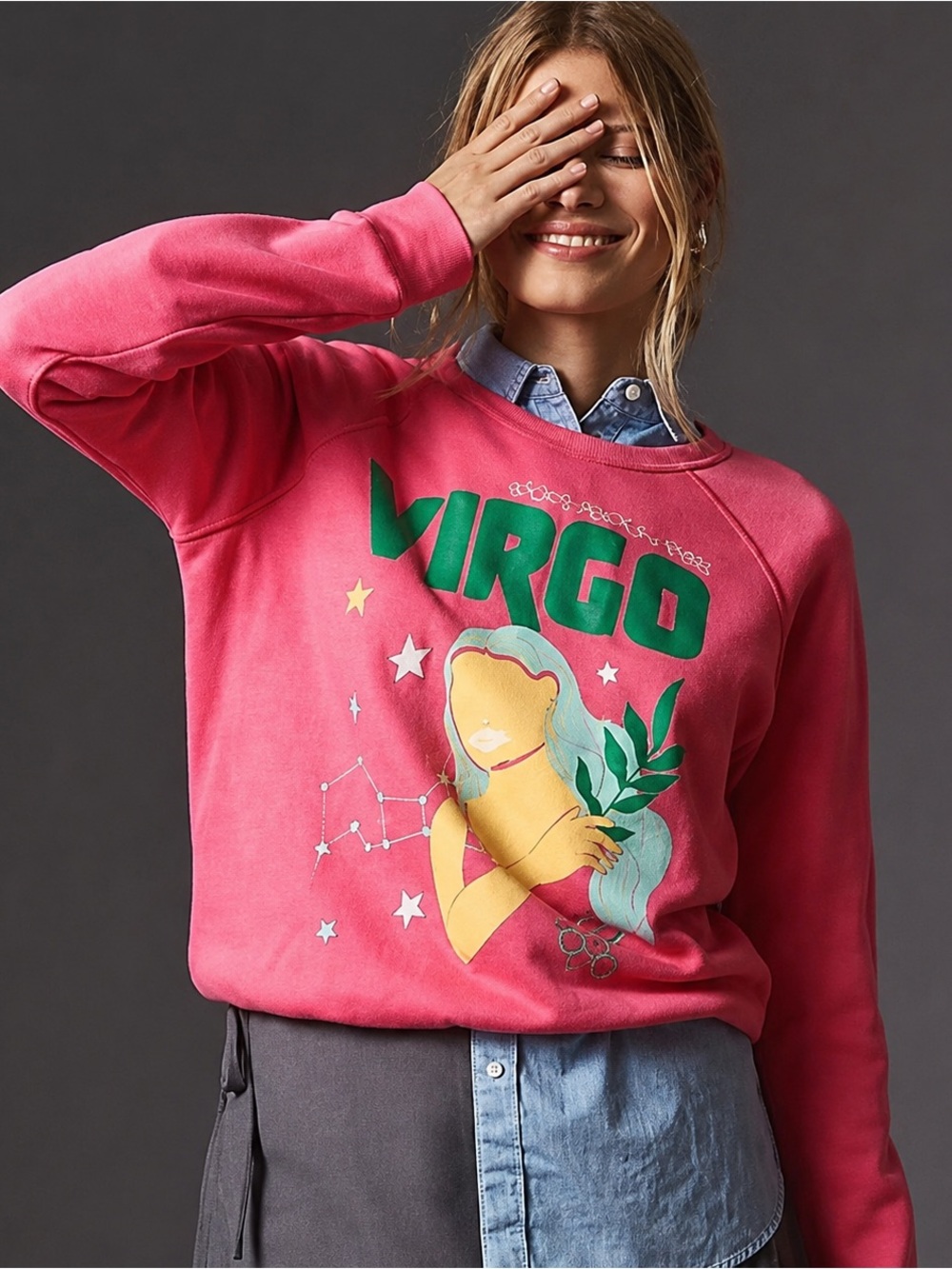 Anthropologie Bright Pink Graphic Pullover with Green Print